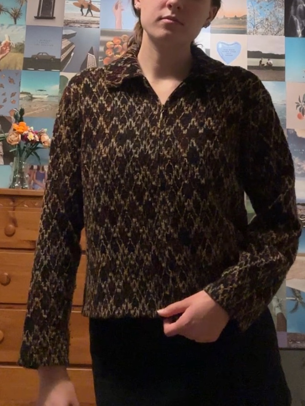 David Brooks Brown and Black Patterned Collared Sweater